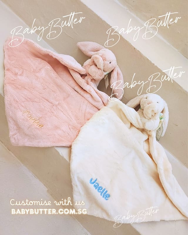 Two Jellycat bunny comforters embroidered with names