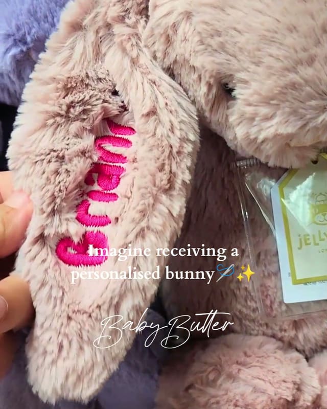 A Jellycat bunny with a name embroidered on its ear