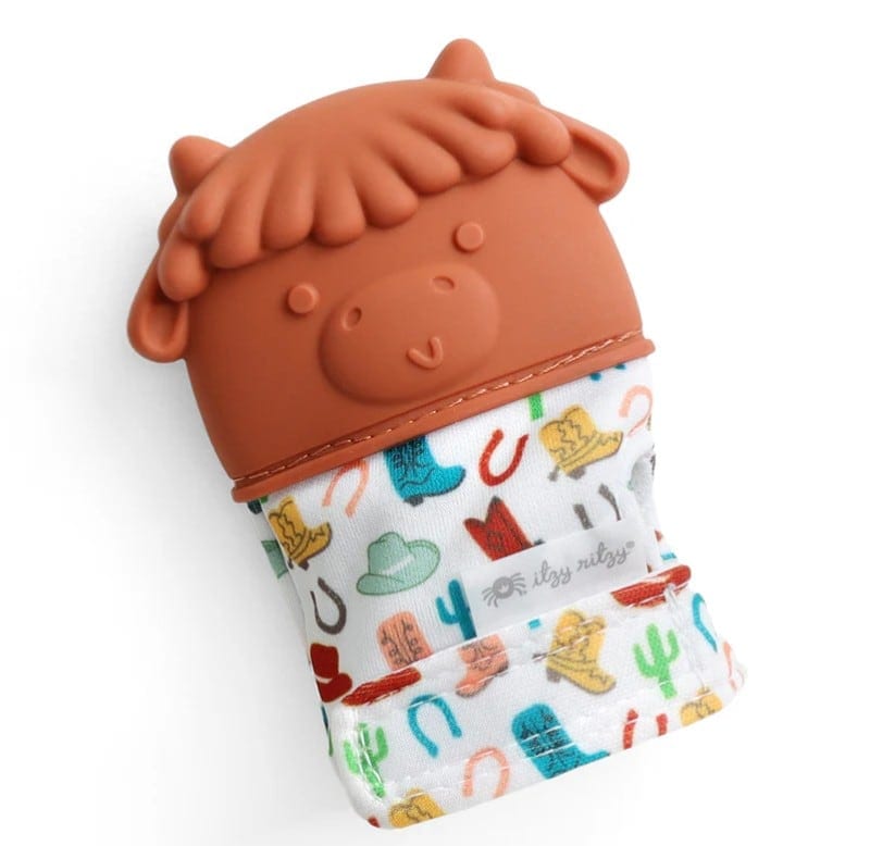 [604201740] Itzy Mitt Pop™ Sensory Teething Mitten Highland Cow