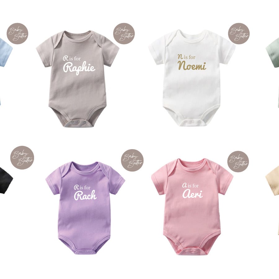 Alphabet + Name Customisation (A is for..?) on Baby Romper