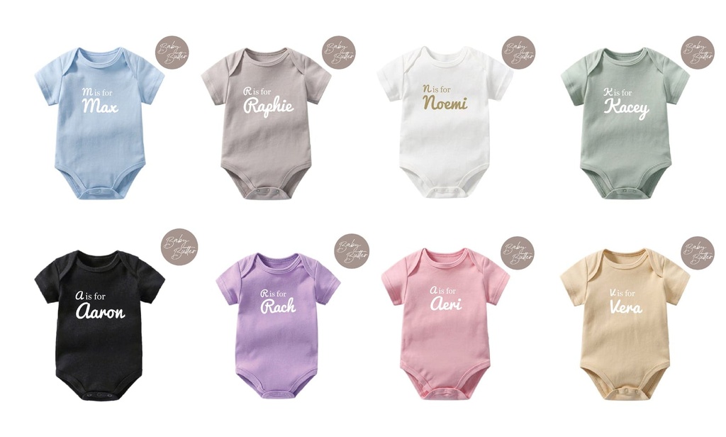 100% Soft Cotton Baby Rompers with Alphabet + Name Customisation (A is for..?) (0-3m (2-4kg), White, White Short Sleeve)