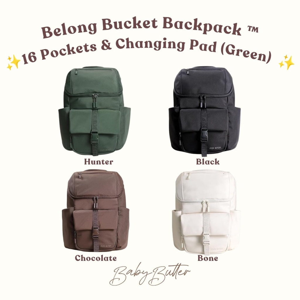 Itzy Ritzy Belong Bucket  Backpack™ with 16 Pockets & Changing Pad (Green) (Black)